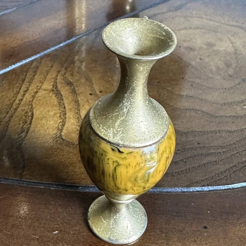 Vintage Miniature 3 Inch Brass Vase Handle‎ Yellow Enamel Acrylic Dollhouse
